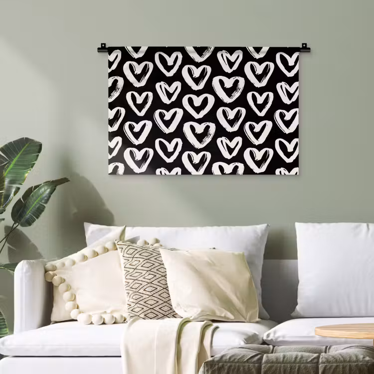 Zwart - Wit - Hartjes - Patroon Wandkleed katoen klein 269 -sfeer7