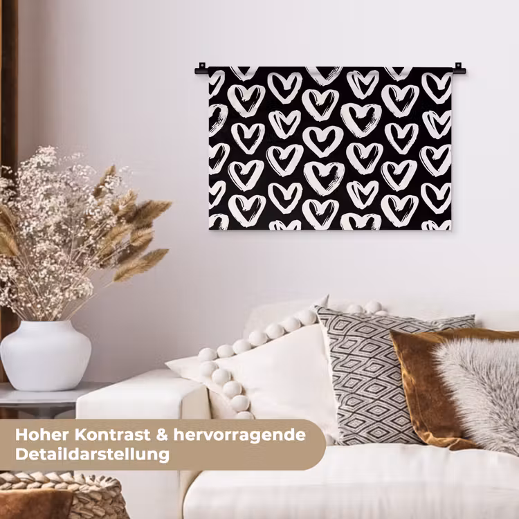 Zwart - Wit - Hartjes - Patroon Wandkleed katoen klein 269 -tsfeer1_DE