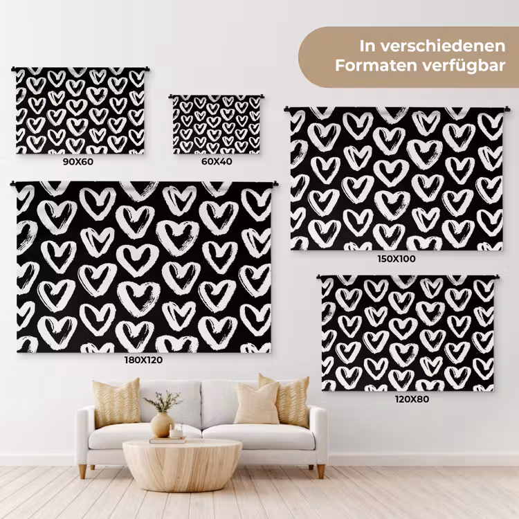 Zwart - Wit - Hartjes - Patroon Wandkleed katoen klein 269 -tsfeer8_DE