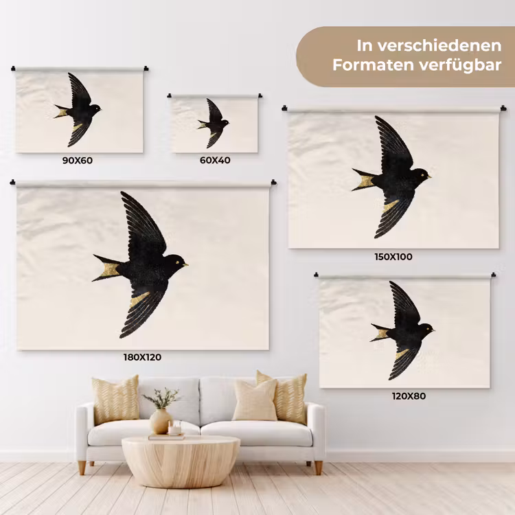 Zwarte zwaluw - Gouden accenten - Lichte achtergrond Wandkleed katoen klein -tsfeer8_DE
