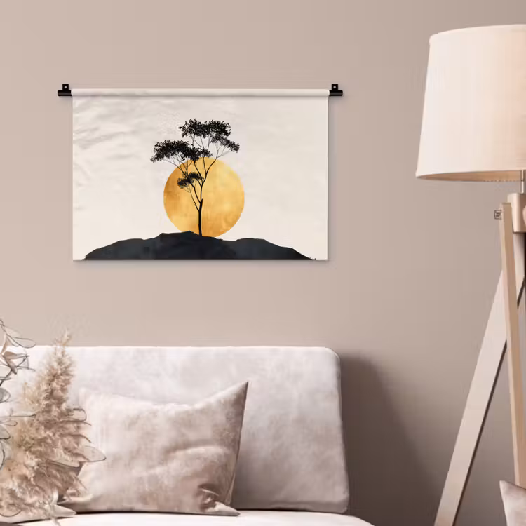 Zwarte boom - Gouden cirkel - Heuvel Wandkleed katoen klein -sfeer4