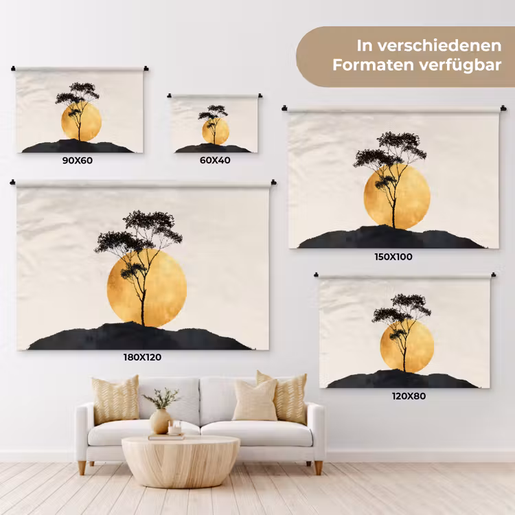Zwarte boom - Gouden cirkel - Heuvel Wandkleed katoen klein -tsfeer8_DE