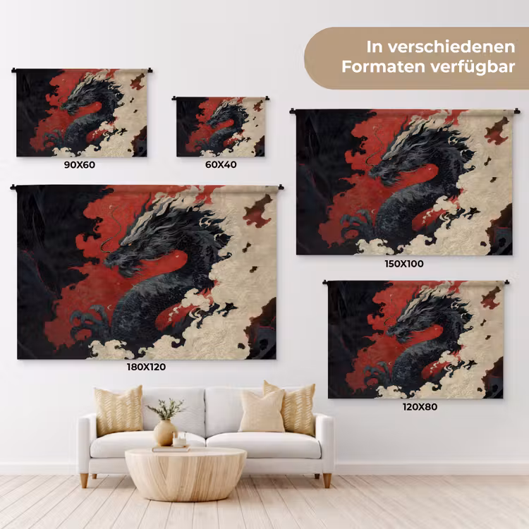 Zwarte draak - Rookwolken - Rood Wandkleed katoen klein -tsfeer8_DE