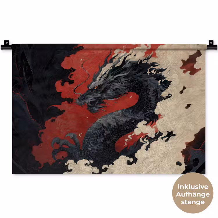Zwarte draak - Rookwolken - Rood Wandkleed katoen klein -t3d_DE