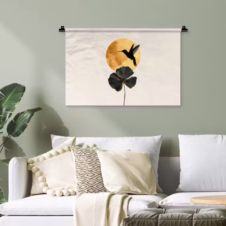 Zwarte kolibrie - Bloem - Gouden cirkel Wandkleed katoen klein -sfeer7
