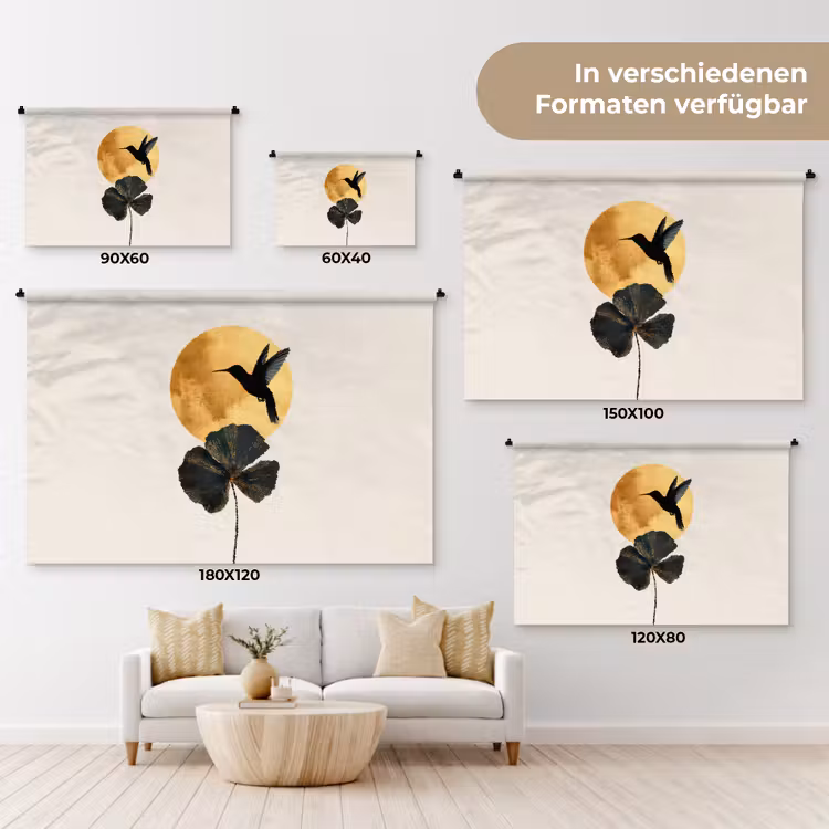 Zwarte kolibrie - Bloem - Gouden cirkel Wandkleed katoen klein -tsfeer8_DE