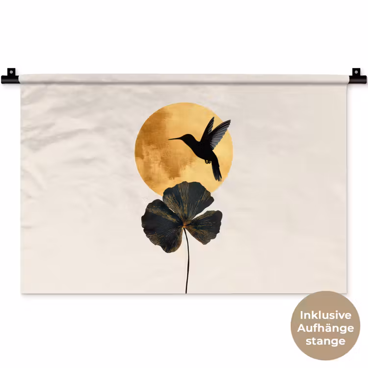 Zwarte kolibrie - Bloem - Gouden cirkel Wandkleed katoen klein -t3d_DE
