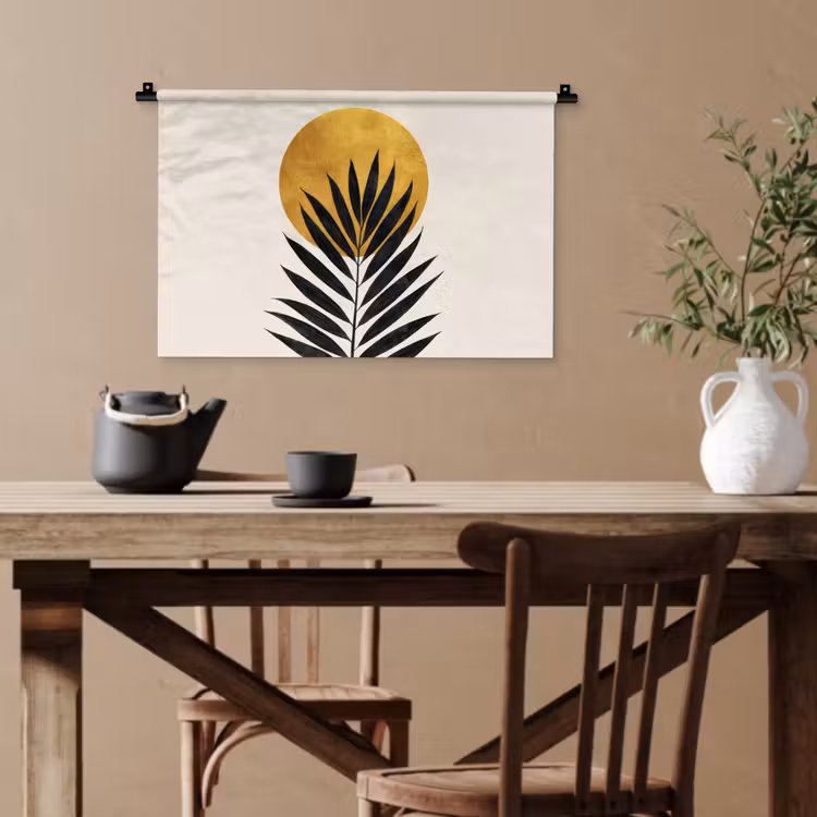 Zwart palmblad - Gouden cirkel - Beige achtergrond Wandkleed katoen klein -sfeer6