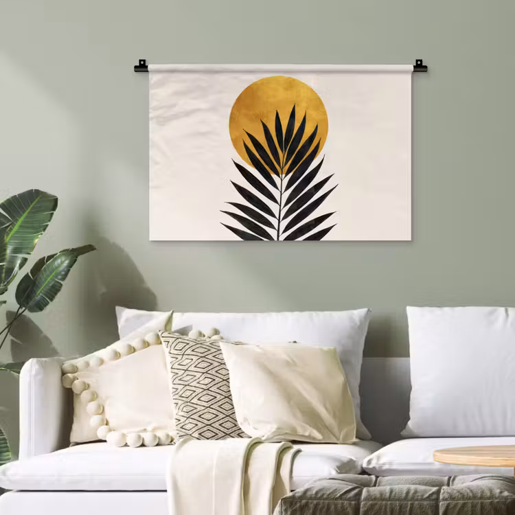 Zwart palmblad - Gouden cirkel - Beige achtergrond Wandkleed katoen klein -sfeer7