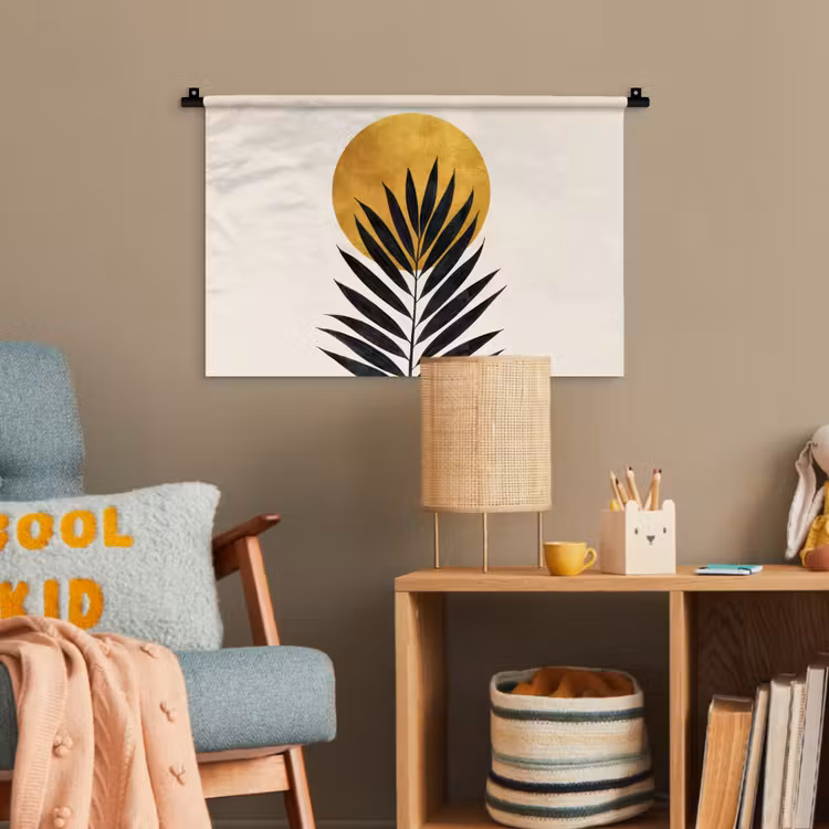 Zwart palmblad - Gouden cirkel - Beige achtergrond Wandkleed katoen klein -wsfeer4_kind