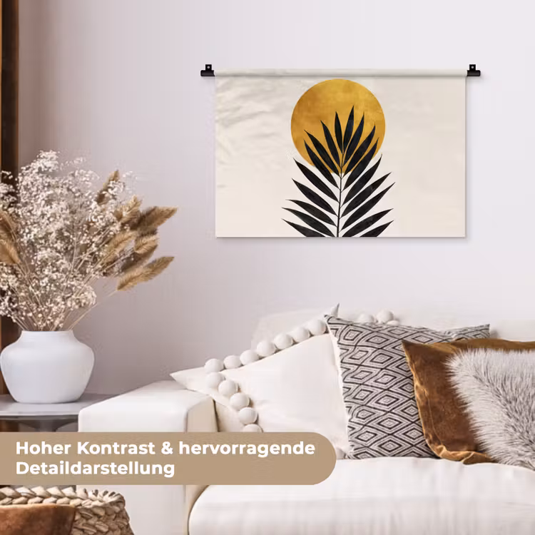 Zwart palmblad - Gouden cirkel - Beige achtergrond Wandkleed katoen klein -tsfeer1_DE