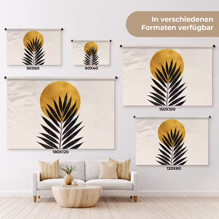 Zwart palmblad - Gouden cirkel - Beige achtergrond Wandkleed katoen klein -tsfeer8_DE