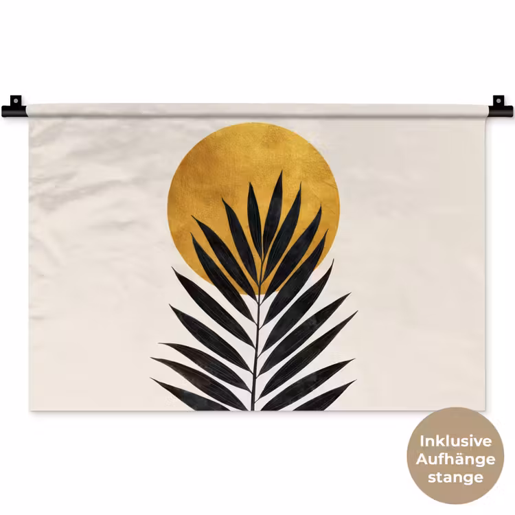Zwart palmblad - Gouden cirkel - Beige achtergrond Wandkleed katoen klein -t3d_DE