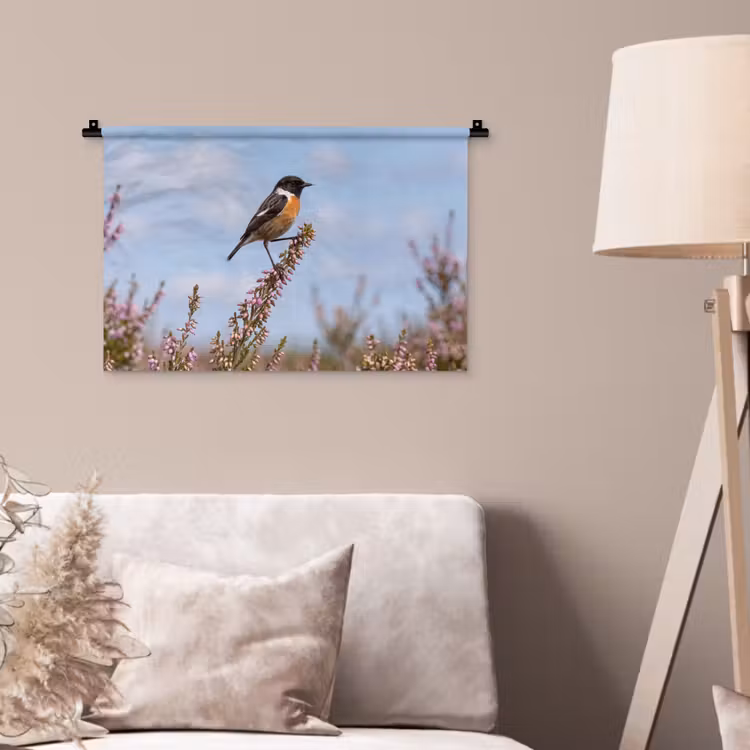 Roodborsttapuit - Heide - Paars - Natuur - Sfeervol Wandkleed katoen klein -sfeer4