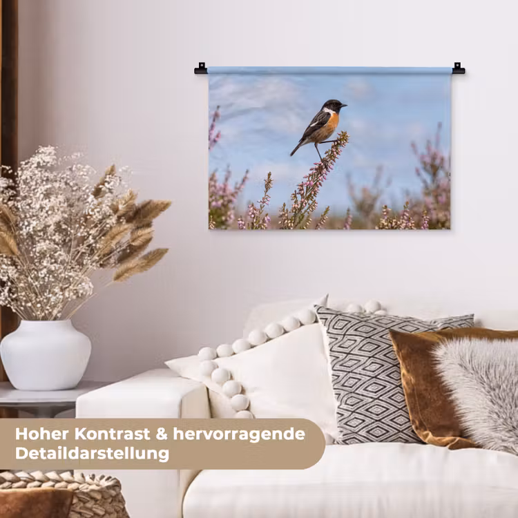 Roodborsttapuit - Heide - Paars - Natuur - Sfeervol Wandkleed katoen klein -tsfeer1_DE