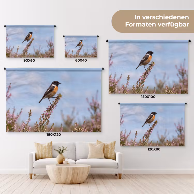 Roodborsttapuit - Heide - Paars - Natuur - Sfeervol Wandkleed katoen klein -tsfeer8_DE