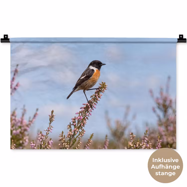 Roodborsttapuit - Heide - Paars - Natuur - Sfeervol Wandkleed katoen klein -t3d_DE