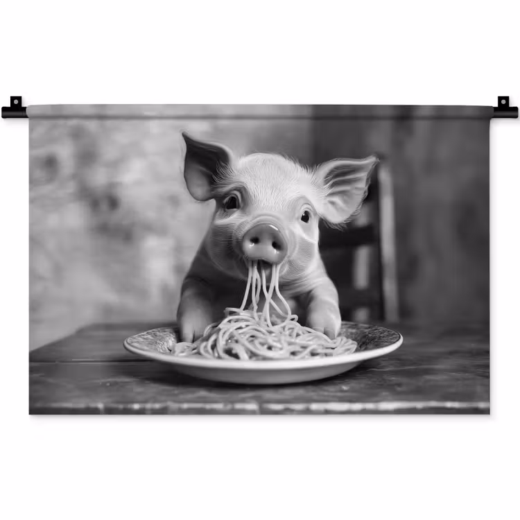 Varken - Schattig - Spaghetti - Zwart wit - Dier Wandkleed katoen klein -zz3d