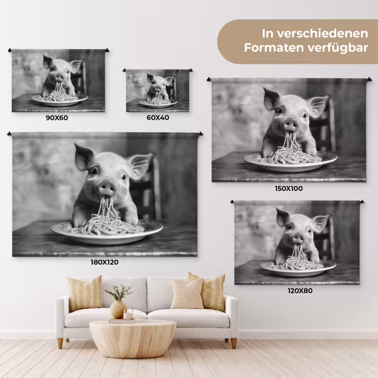 Varken - Schattig - Spaghetti - Zwart wit - Dier Wandkleed katoen klein -tsfeer8_DE