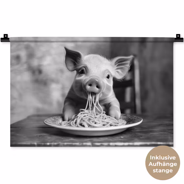 Varken - Schattig - Spaghetti - Zwart wit - Dier Wandkleed katoen klein -t3d_DE