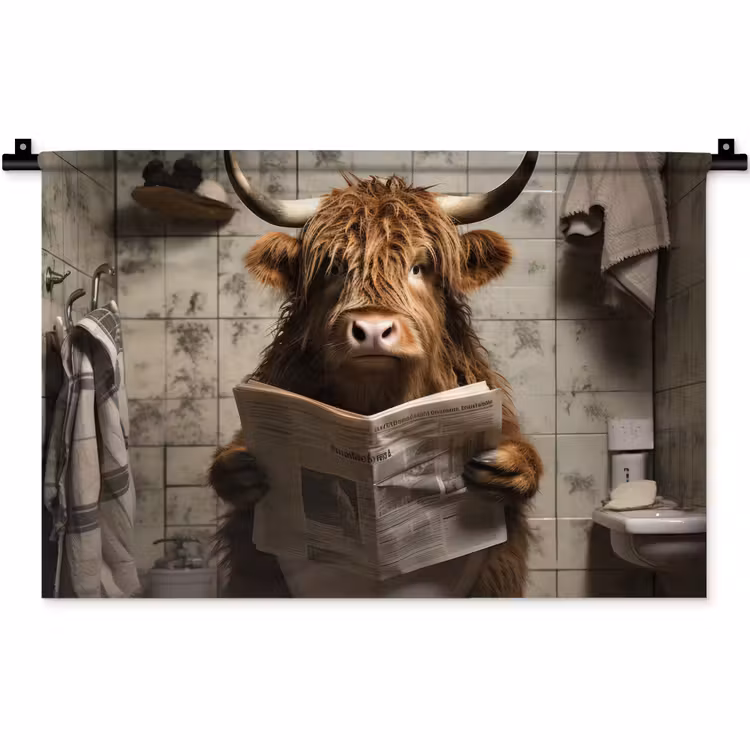 Schotse hooglander - Toilet - Krant - Badkamer Wandkleed katoen klein -zz3d