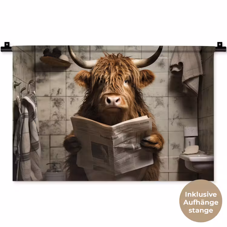 Schotse hooglander - Toilet - Krant - Badkamer Wandkleed katoen klein -t3d_DE