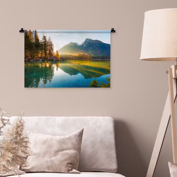 Meer - Bos - Bergen - Natuur - Zon - Landschap Wandkleed katoen klein -sfeer4