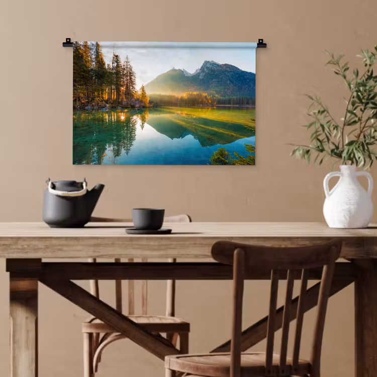 Meer - Bos - Bergen - Natuur - Zon - Landschap Wandkleed katoen klein -sfeer6