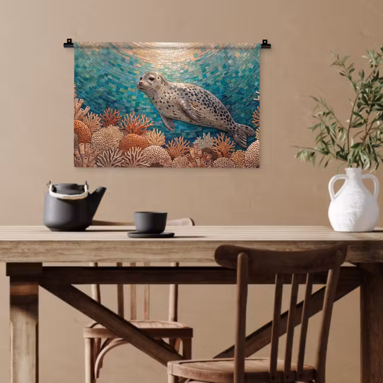 Zeehond - Mozaïek - Onderwater - Dieren - Blauw Wandkleed katoen klein -sfeer6