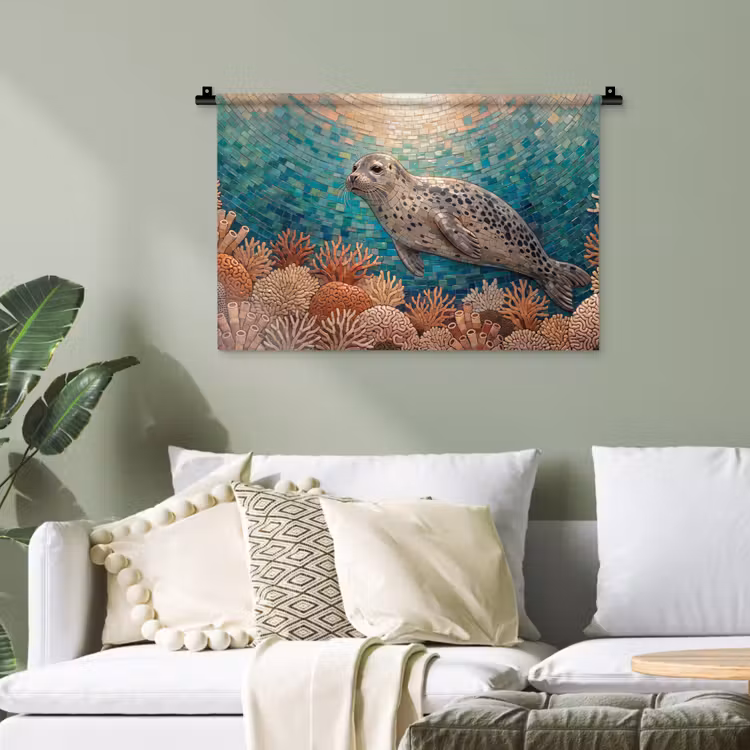 Zeehond - Mozaïek - Onderwater - Dieren - Blauw Wandkleed katoen klein -sfeer7