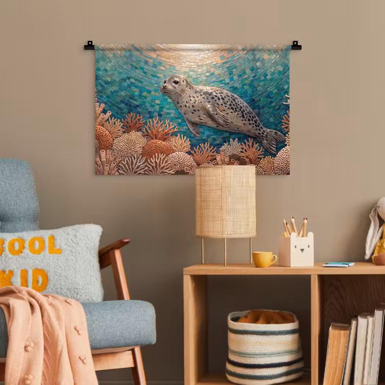 Zeehond - Mozaïek - Onderwater - Dieren - Blauw Wandkleed katoen klein -wsfeer4_kind