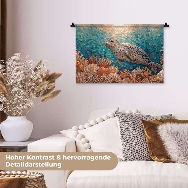 Zeehond - Mozaïek - Onderwater - Dieren - Blauw Wandkleed katoen klein -tsfeer1_DE