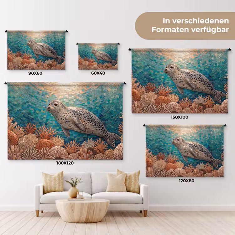 Zeehond - Mozaïek - Onderwater - Dieren - Blauw Wandkleed katoen klein -tsfeer8_DE