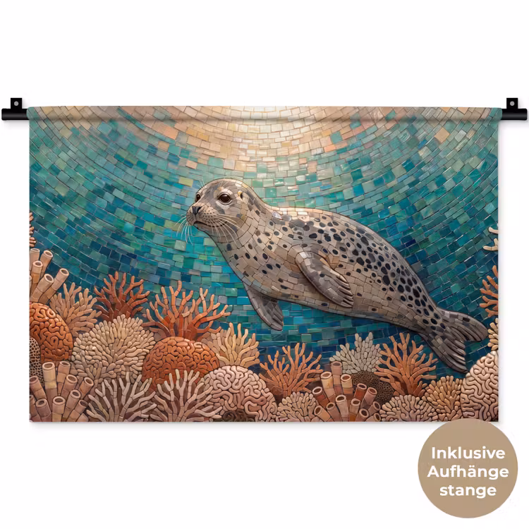 Zeehond - Mozaïek - Onderwater - Dieren - Blauw Wandkleed katoen klein -t3d_DE