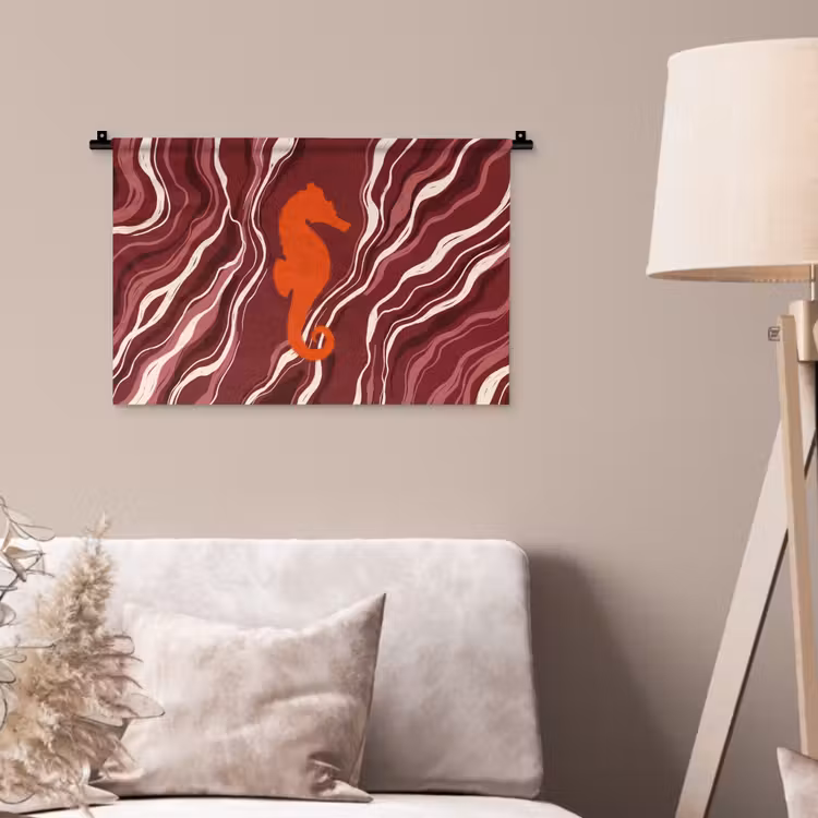 Zeepaardje - Golven - Zeeleven - Abstract - Oranje Wandkleed katoen klein -sfeer4