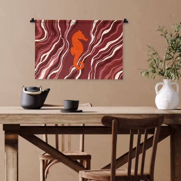 Zeepaardje - Golven - Zeeleven - Abstract - Oranje Wandkleed katoen klein -sfeer6