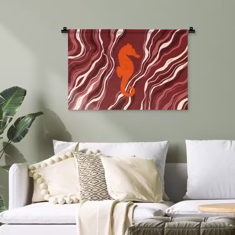 Zeepaardje - Golven - Zeeleven - Abstract - Oranje Wandkleed katoen klein -sfeer7