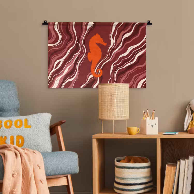 Zeepaardje - Golven - Zeeleven - Abstract - Oranje Wandkleed katoen klein -wsfeer4_kind