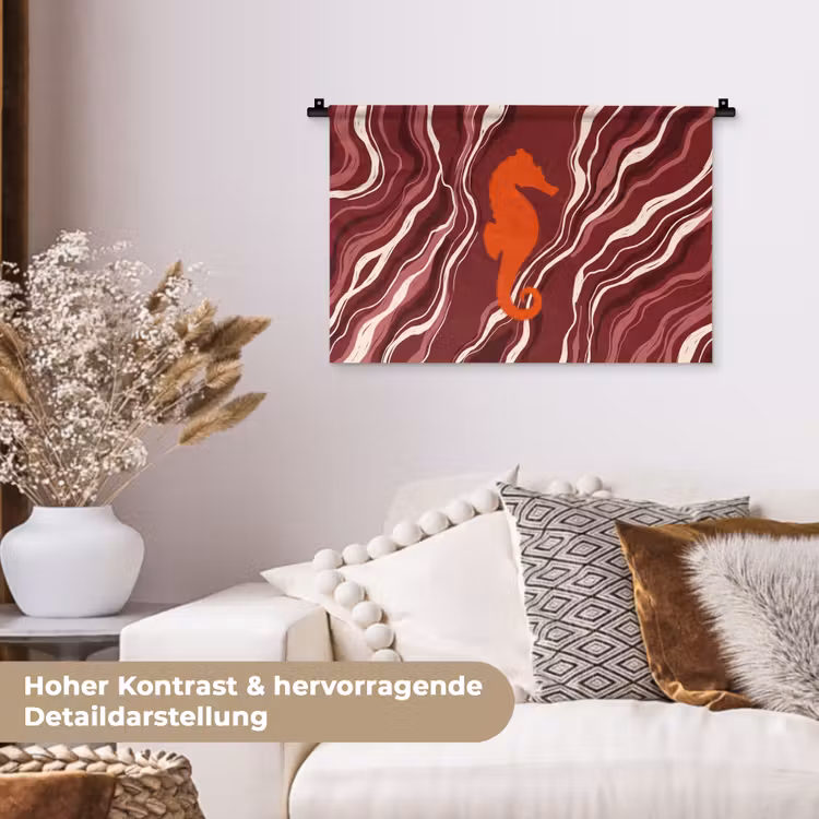 Zeepaardje - Golven - Zeeleven - Abstract - Oranje Wandkleed katoen klein -tsfeer1_DE