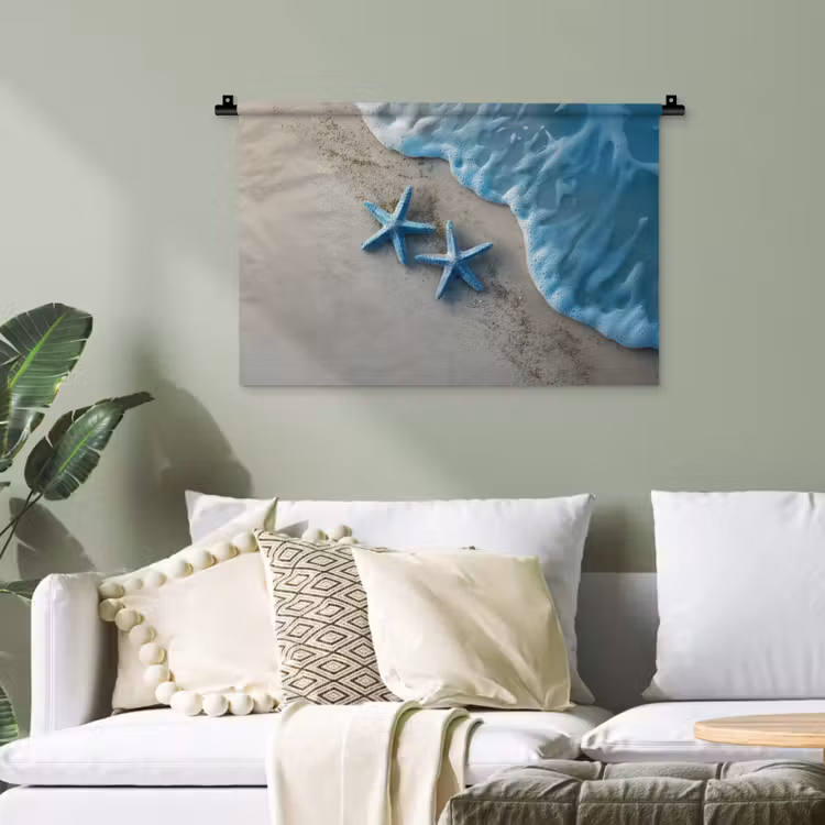Zeesterren - Zand - Zee - Blauw Wandkleed katoen klein -sfeer7