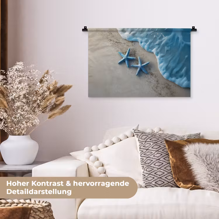 Zeesterren - Zand - Zee - Blauw Wandkleed katoen klein -tsfeer1_DE
