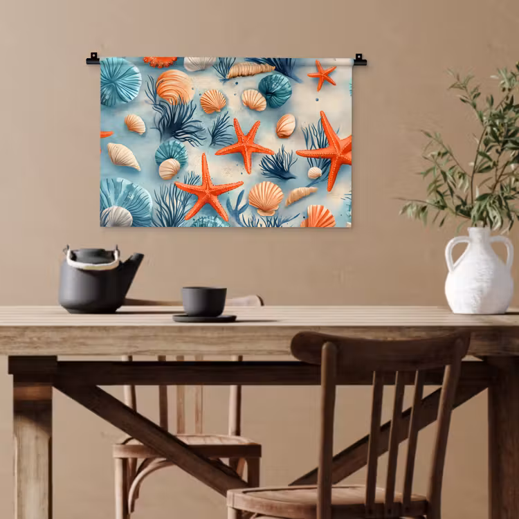 Zeesterren - Schelpen - Illustratie - Zand Wandkleed katoen klein -sfeer6