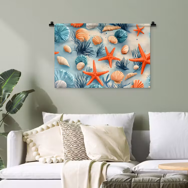 Zeesterren - Schelpen - Illustratie - Zand Wandkleed katoen klein -sfeer7