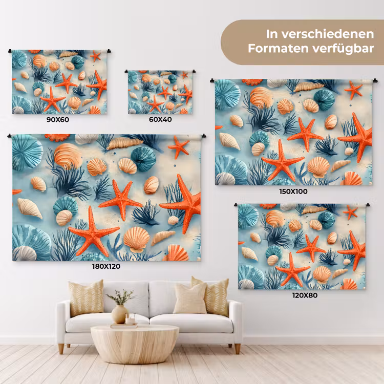 Zeesterren - Schelpen - Illustratie - Zand Wandkleed katoen klein -tsfeer8_DE