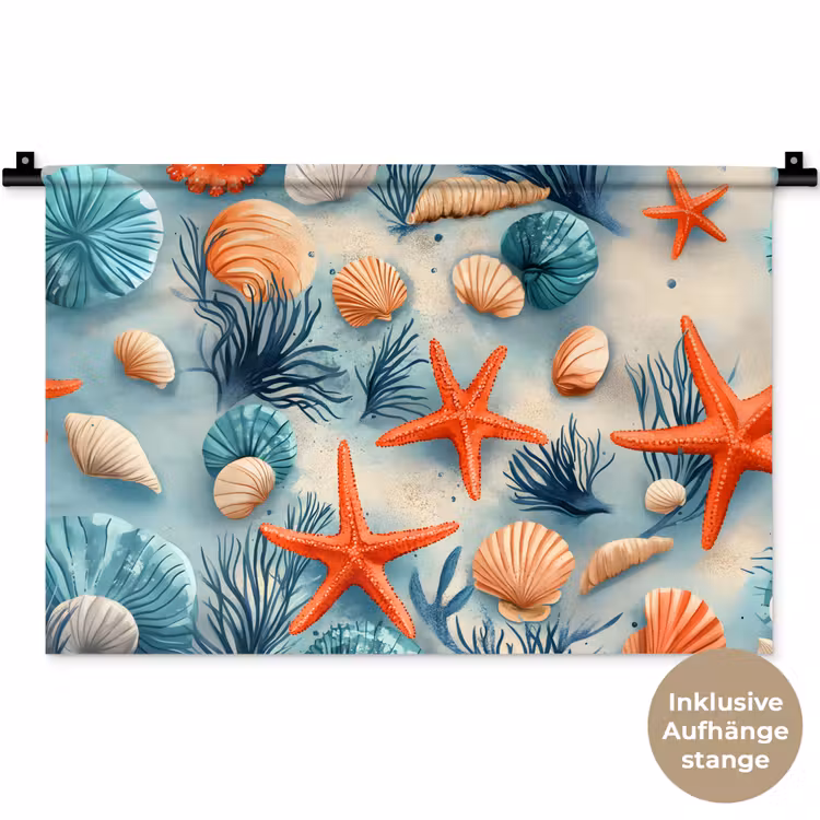 Zeesterren - Schelpen - Illustratie - Zand Wandkleed katoen klein -t3d_DE