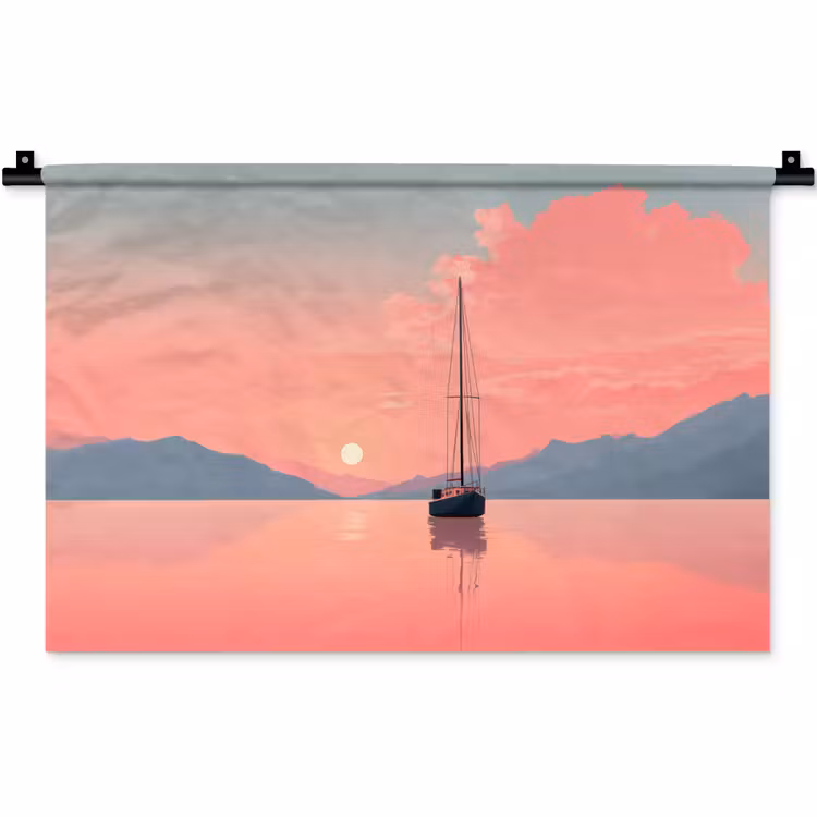 Zeilboot - Roze zee - Zonsondergang - Bergen Wandkleed katoen klein -zz3d