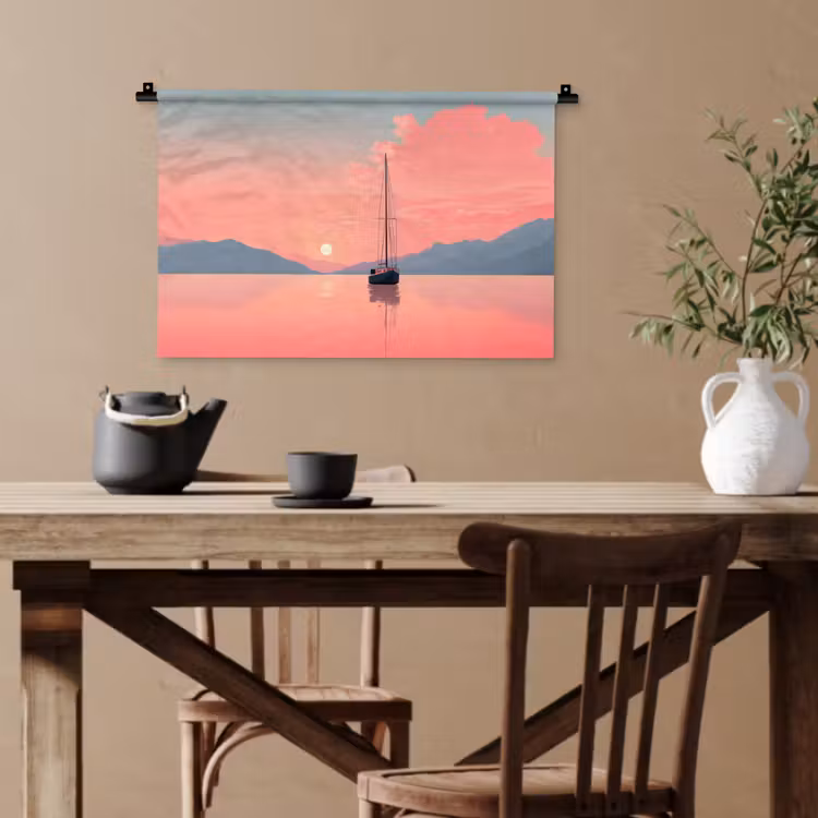 Zeilboot - Roze zee - Zonsondergang - Bergen Wandkleed katoen klein -sfeer6