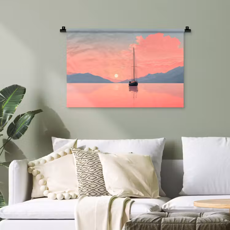 Zeilboot - Roze zee - Zonsondergang - Bergen Wandkleed katoen klein -sfeer7