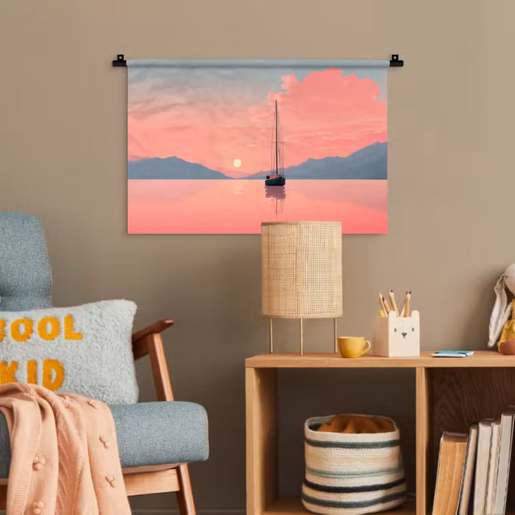 Zeilboot - Roze zee - Zonsondergang - Bergen Wandkleed katoen klein -wsfeer4_kind