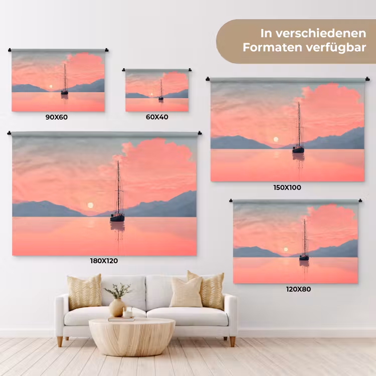 Zeilboot - Roze zee - Zonsondergang - Bergen Wandkleed katoen klein -tsfeer8_DE
